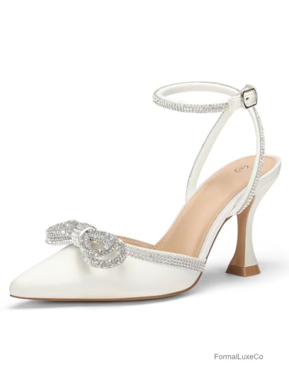 Women's Rhinestone Bow Kitten Heels Wedding Dress Pumps Pointed Toe Ankle Strap